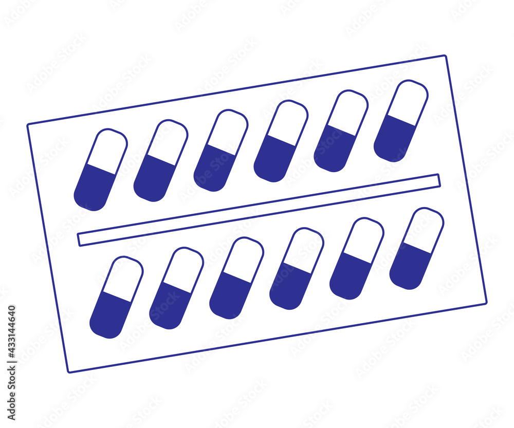 Vector simple contour illustration on a white background is depicted in the form of a blister with medical pills. Vector simple contour illustration on a white background is depicted in the form of a blister with medical pills.