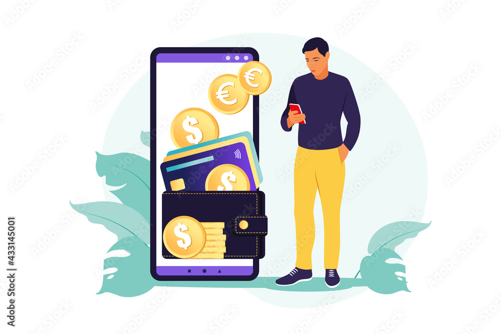 Digital wallet concept. Young wealthy man pays card using mobile payment. Vector illustration. Flat. Digital wallet concept. Young wealthy man pays card using mobile payment. Vector illustration. Flat.