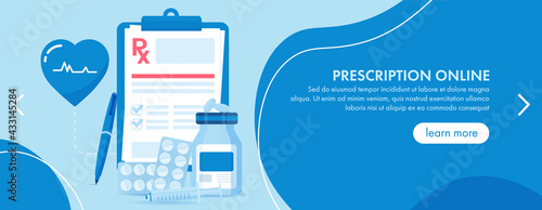 Illustration of the RX prescription drug. Vector rx recipe. The horizontal blue slider of the web banner. Medications and a heartbeat symbol. Medical infographics