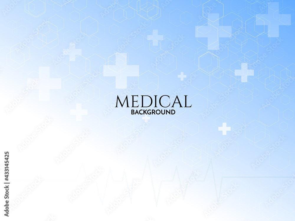 Obraz premium Medical background with blue gradient and white crosses, healthcare science abstract wallpaper, clinical medicine concept with heartbeat line and hexagons