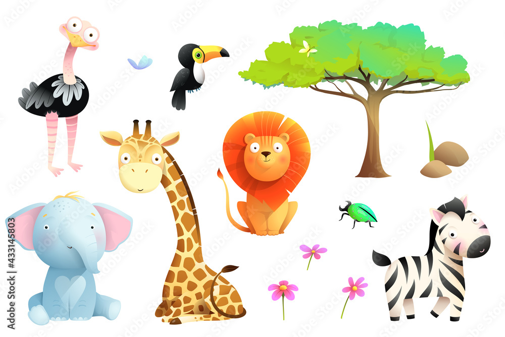 African safari animals isolated clipart collection. Lion giraffe zebra  toucan elephant and ostrich colorful jungle wildlife collection for kids,  vector cartoon. Stock Vector | Adobe Stock