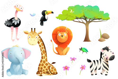 African safari animals isolated clipart collection. Lion giraffe zebra toucan elephant and ostrich colorful jungle wildlife collection for kids, vector cartoon.