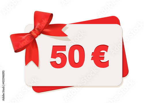 Geschenk Gutschein 50 Euro Karte mit rote Schleife, 
Vektor Illustration isoliert auf weißem Hintergrund

