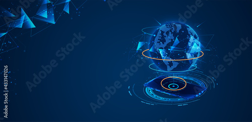 High-speed connection to the world Wide Web from anywhere in the world via the mobile Internet. The hologram of the earth consists of a polygon, and points. Vector illustration.