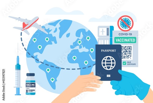 The tourist receives a Immunity passport and immunization record document for travel. COVID-19 coronavirus vaccination certificate or health passport for international travelling. Vector illustration.