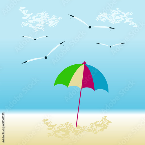 Seascape, surf, sandy coast, umbrella, seagulls, clouds - vector. Journey. Tourism.