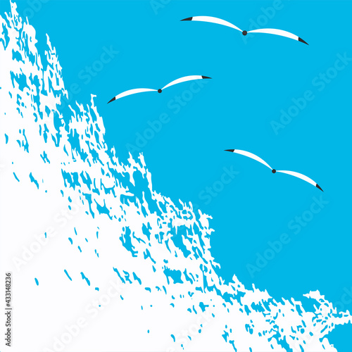 Sea surf, seagulls, grunge style - vector. Journey. Tourism.