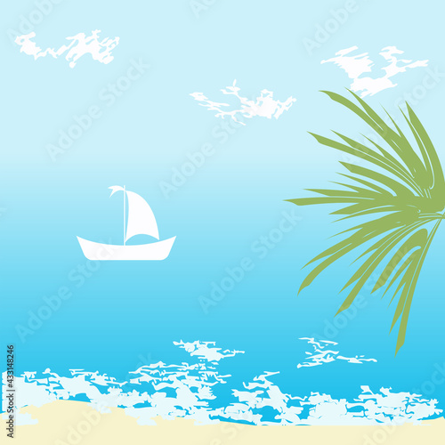 Seashore, sailboat, clouds, seagulls, palm - vector. Journey. Tourism.