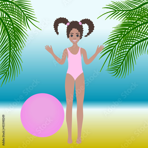 Sea, sandy beach, black girl in a bathing suit, ball, palm tree - vector. Journey. Tourism.