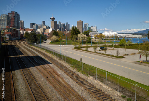 Rail Yard and Vancouver Skyline. Railroad tracks running near the waterfront in downtown Vancouver.  