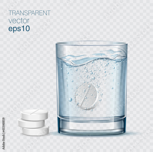 White solvable tablet in the glass with blue water and a few pills next to the glass.  Vitamin pill soluble in fizzy water with bubbles.  Transparent vector