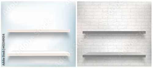 Vector collection of empty shelves. Vector mockup with white and brown wooden shelves. Light and brick wall 
