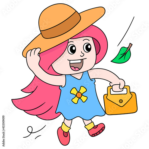 the kid woman is welcoming the autumn winter in the wind, doodle icon image kawaii