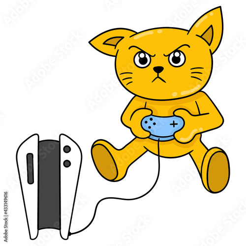 cats are having a hobby of playing Playstation games, doodle icon image kawaii