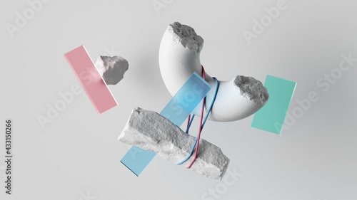 3d illustration, abstract background with white rock ruins, broken concrete torus, cobble stones and colored glass pieces tied with rope. Modern minimal installation with levitating objects
