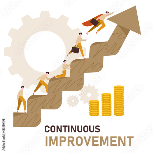 continuous improvement concept man climb ladder and flying with cartoon flat style