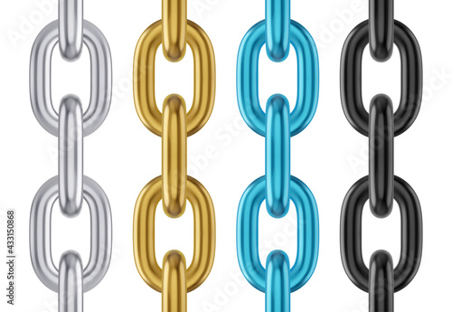 Golden, silver, black and blue metal chain set. Realistic vector seamless chain for brushes and design.