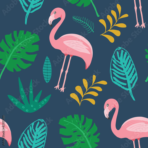 Cute Flamingo and Tropical plants Seamless pattern. Hand Drawn Animal and palm leaves Background. Vector Illustration