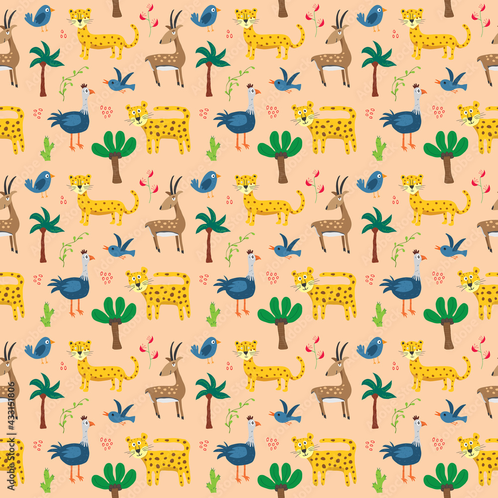 Cute Animals Seamless pattern. Cartoon Animals and Tropical plants doodles. Cartoon Vector illustration