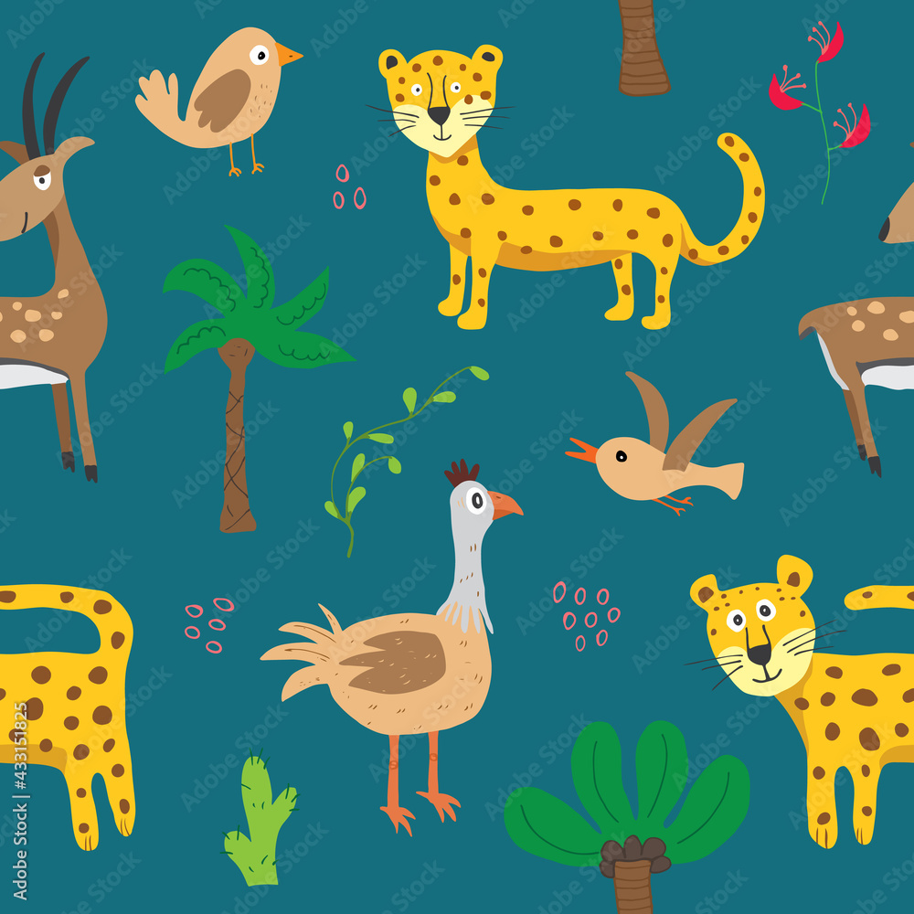 Cute Animals Seamless pattern. Cartoon Animals and Tropical plants doodles. Cartoon Vector illustration