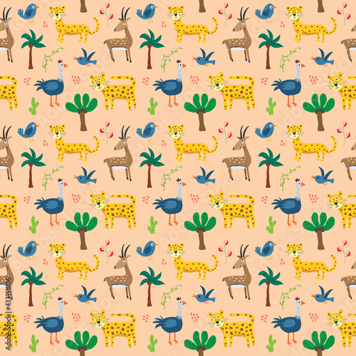 Fototapeta Naklejka Na Ścianę i Meble -  Cute Animals Seamless pattern. Cartoon Animals and Tropical plants doodles. Cartoon Vector illustration