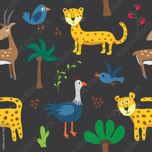 Cute Animals Seamless pattern. Cartoon Animals and Tropical plants doodles. Cartoon Vector illustration