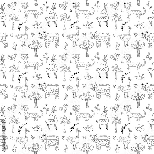 Cute Animals Seamless pattern. Cartoon Animals and Tropical plants doodles. Cartoon Vector illustration