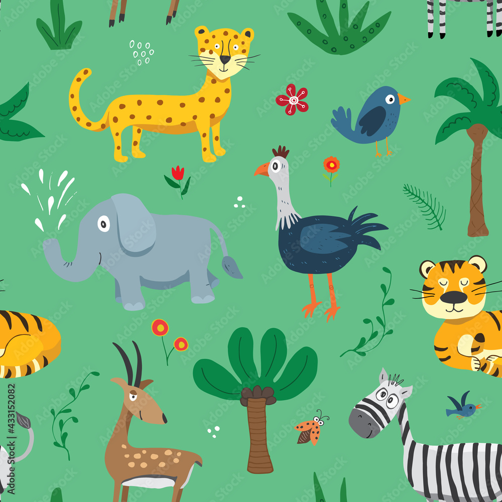 Cute Animals Seamless pattern. Cartoon Animals and plants doodles. Cartoon Vector illustration Cute Animals Seamless pattern. Cartoon Animals and plants doodles. Cartoon Vector illustration