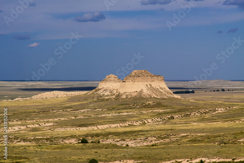 Elevated view of the Pawnee Buttes in Pawnee National Grasslands, northeastern plains of Colorado in the evening just after sunset photo