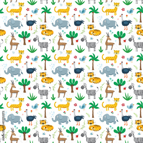 Fototapeta Naklejka Na Ścianę i Meble -  Cute Animals Seamless pattern. Cartoon Animals and plants doodles. Cartoon Vector illustration