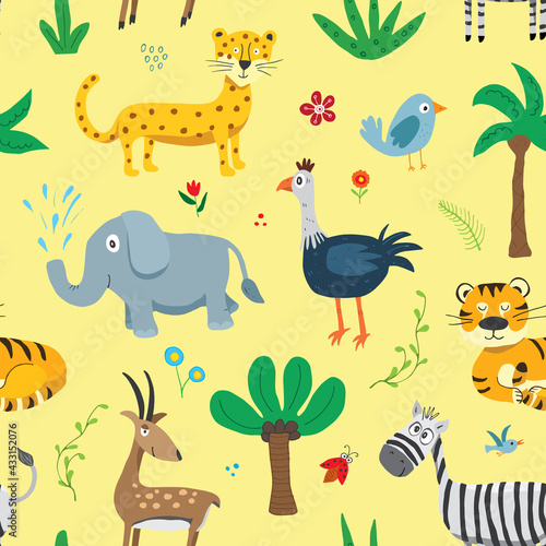Cute Animals Seamless pattern. Cartoon Animals and plants doodles. Cartoon Vector illustration © saint_antonio