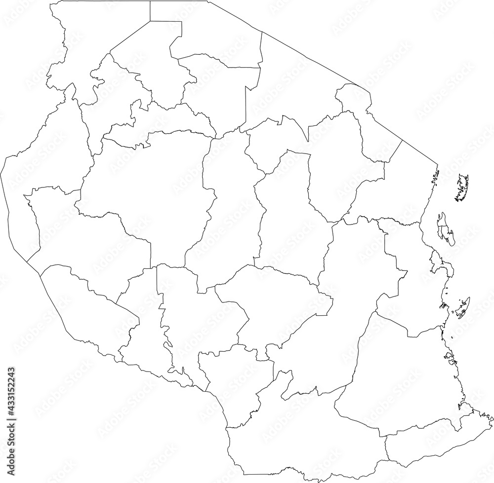 White blank vector map of the United Republic of Tanzania with black borders of its regions