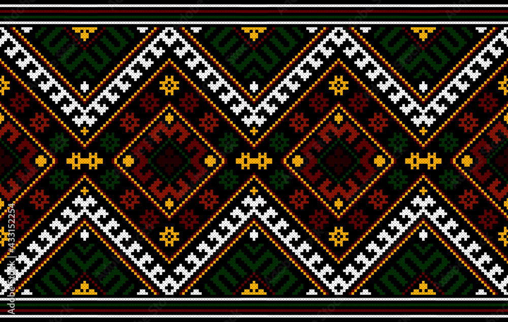 Ikat ethnic Indian seamless pattern design. Aztec fabric carpet mandala ornament native boho chevron textile decoration wallpaper. Geometric vector illustrations background.
