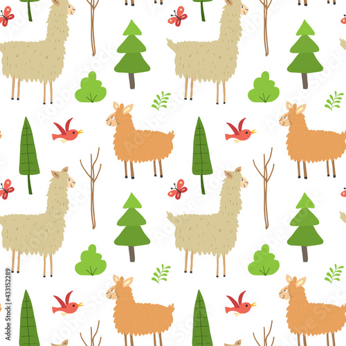 Fototapeta Naklejka Na Ścianę i Meble -  Cute Lama Seamless pattern. Cartoon Animals in forest background. Vector illustration
