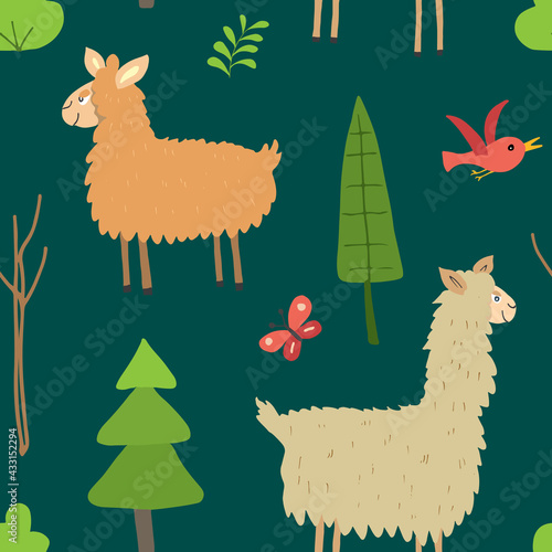 Cute Lama Seamless pattern. Cartoon Animals in forest background. Vector illustration