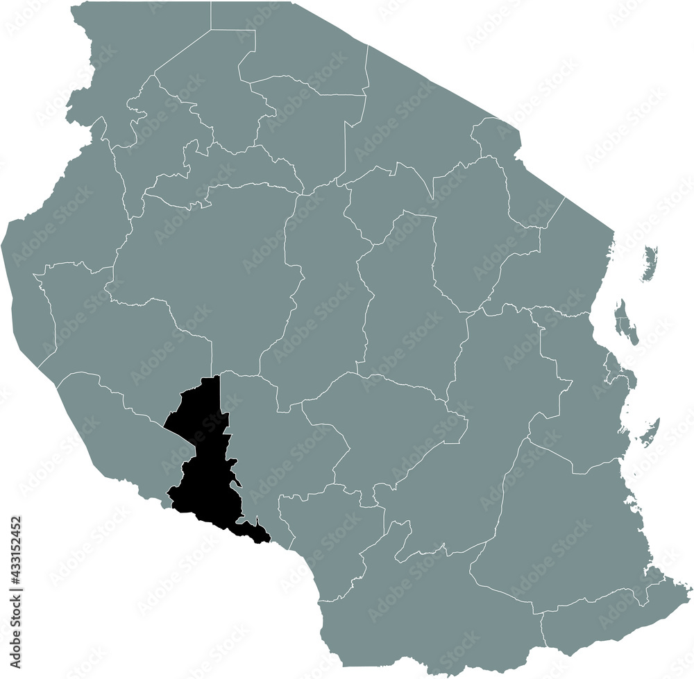 Black highlighted location map of the Tanzanian Songwe region inside gray map of the United Republic of Tanzania