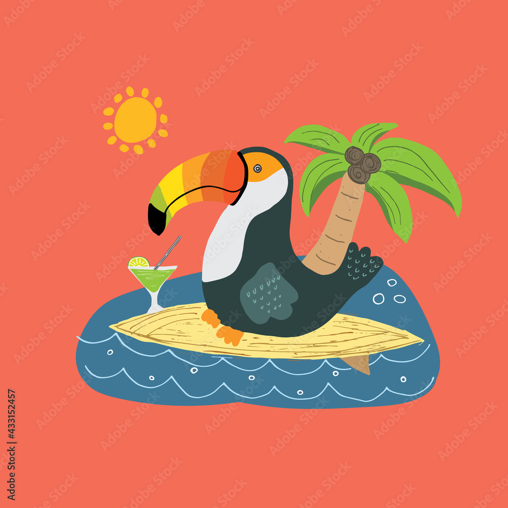 Fototapeta premium Cute Toucan on surfboard Cartoon Animal baby and children print design Vector Illustration