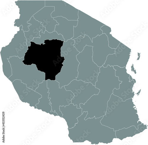 Black highlighted location map of the Tanzanian Tabora region inside gray map of the United Republic of Tanzania