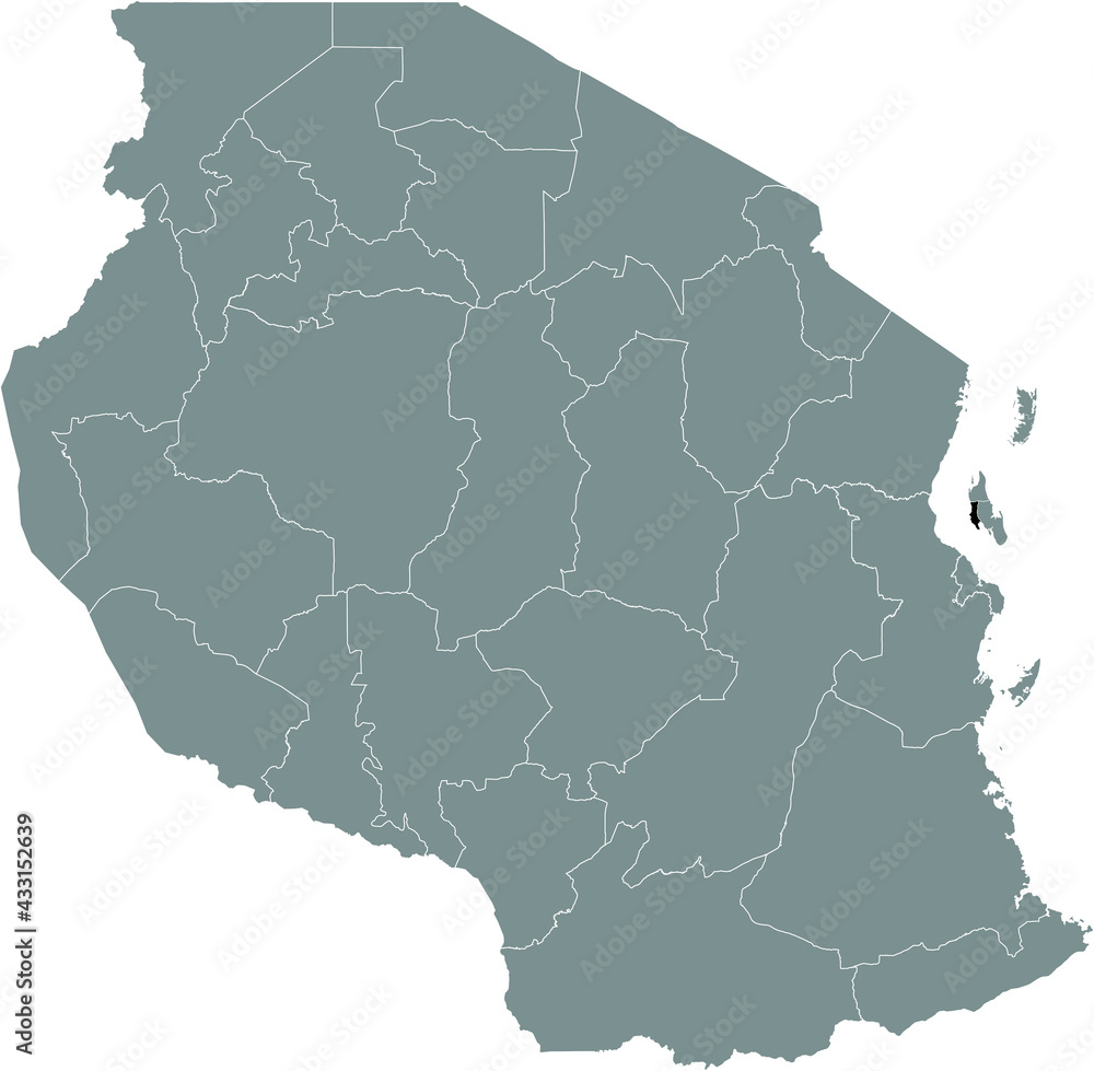 Fototapeta premium Black highlighted location map of the Tanzanian Mjini Magharibi (Zanzibar Urban West) region inside gray map of the United Republic of Tanzania