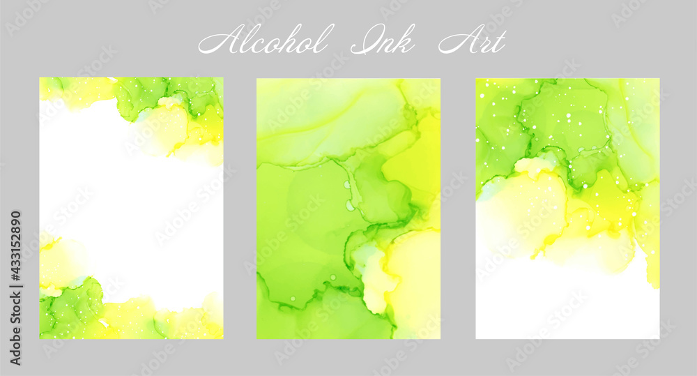 黄緑のアルコールインクアートのカードセット