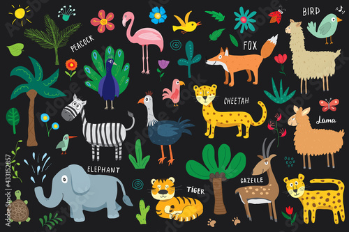 Animal Doodles Set. Cute Animals sketch. Hand drawn Cartoon Vector illustration