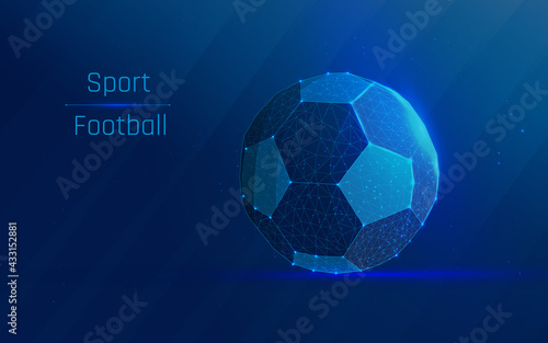 Soccer ball. world famous ball game. The low poly mesh appears as a constellation against a dark blue background with dots and stars. Football Symbol  Wireframe. Isolated vector illustration. plexus. 