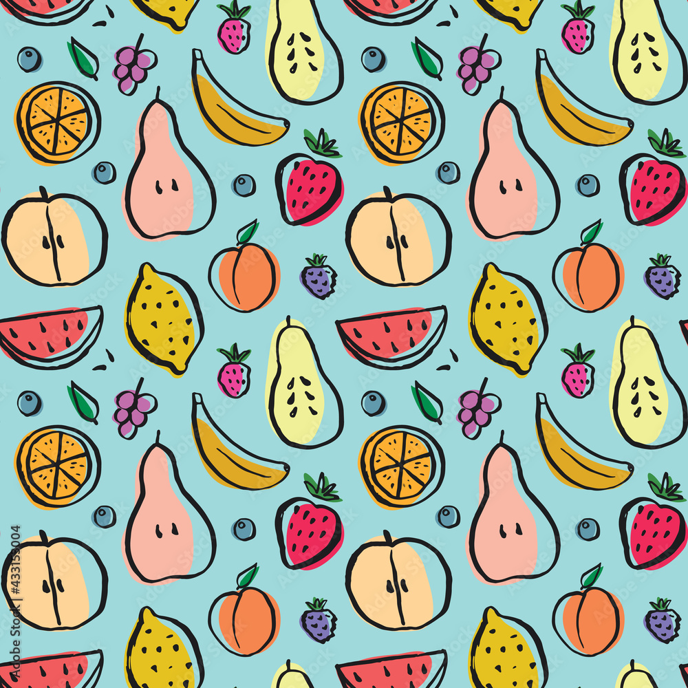 Fototapeta premium Fruit seamless pattern, collection of juicy fruits, apple, pear, strawberry, orange slice, peach, plum, banana, watermelon, papaya, grapes, lemon and berries background, vector illustration