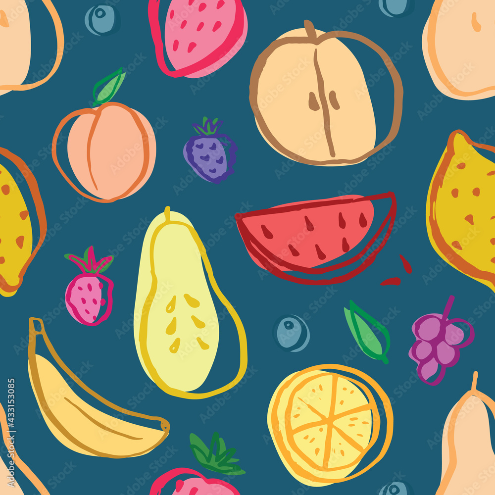 Fruit seamless pattern, collection of juicy fruits, apple, pear, strawberry, orange slice, peach, plum, banana, watermelon, papaya, grapes, lemon and berries background, vector illustration Fruit seamless pattern, collection of juicy fruits, apple, pear, strawberry, orange slice, peach, plum, banana, watermelon, papaya, grapes, lemon and berries background, vector illustration