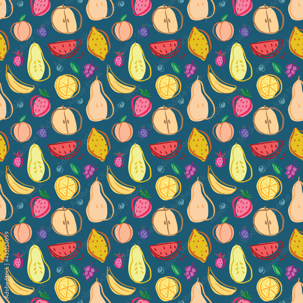 Fruit seamless pattern, collection of juicy fruits, apple, pear, strawberry, orange slice, peach, plum, banana, watermelon, papaya, grapes, lemon and berries background, vector illustration Fruit seamless pattern, collection of juicy fruits, apple, pear, strawberry, orange slice, peach, plum, banana, watermelon, papaya, grapes, lemon and berries background, vector illustration