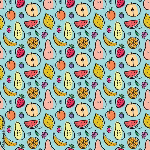 Fruit seamless pattern, collection of juicy fruits, apple, pear, strawberry, orange slice, peach, plum, banana, watermelon, papaya, grapes, lemon and berries background, vector illustration