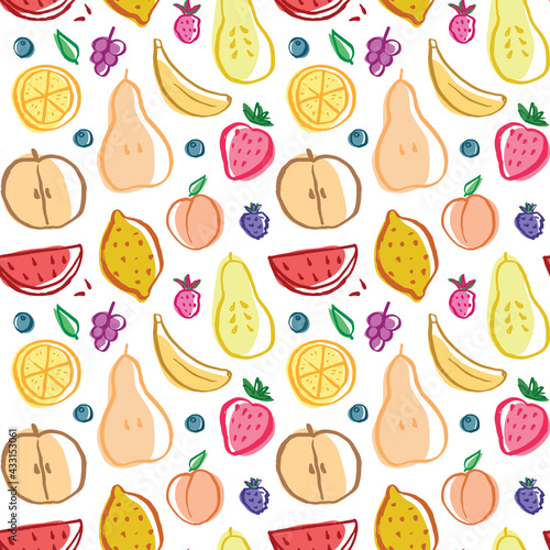 Fruit seamless pattern  collection of juicy fruits  apple  pear  strawberry  orange slice  peach  plum  banana  watermelon  papaya  grapes  lemon and berries background  vector illustration