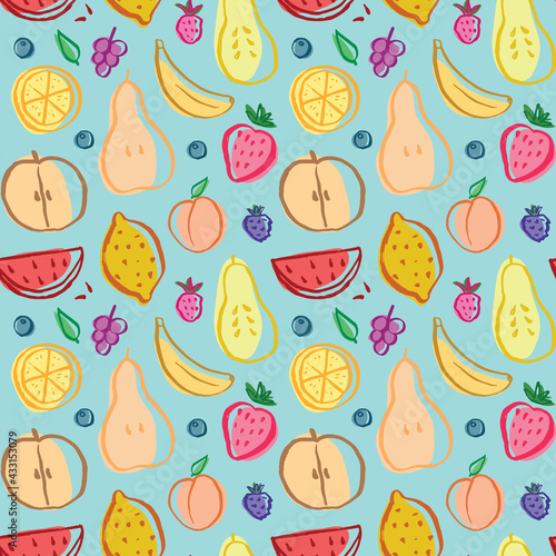 Fruit seamless pattern, collection of juicy fruits, apple, pear, strawberry, orange slice, peach, plum, banana, watermelon, papaya, grapes, lemon and berries background, vector illustration