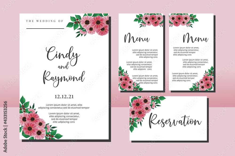 Naklejka premium Wedding invitation frame set, floral watercolor hand drawn Zinnia Flower design Invitation Card Template