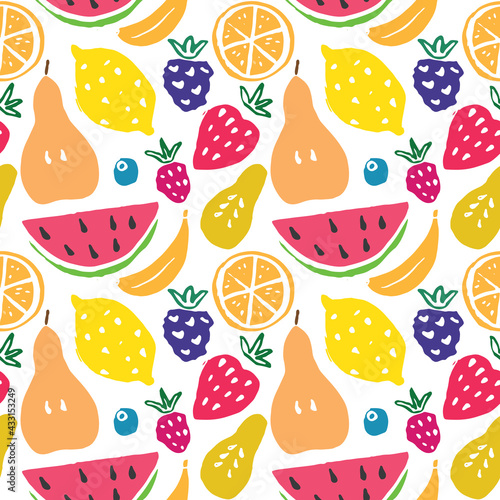 Fruit seamless pattern, collection of juicy fruits, apple, pear, strawberry, orange slice, peach, plum, banana, watermelon, papaya, grapes, lemon and berries background, vector illustration